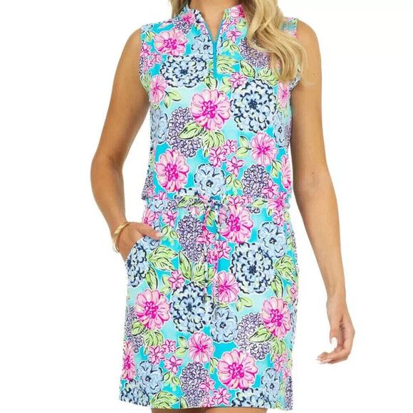 IBKUL Larisa Drawstring Golf Dress Sleeveless Floral Pink Turquoise Size XS - Picture 1 of 10